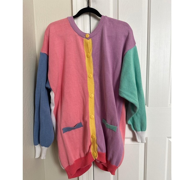 Birds of Paradise Oversized Pastel Colorblock Polka Dot Cardigan Knit Sweater XL - Picture 5 of 8